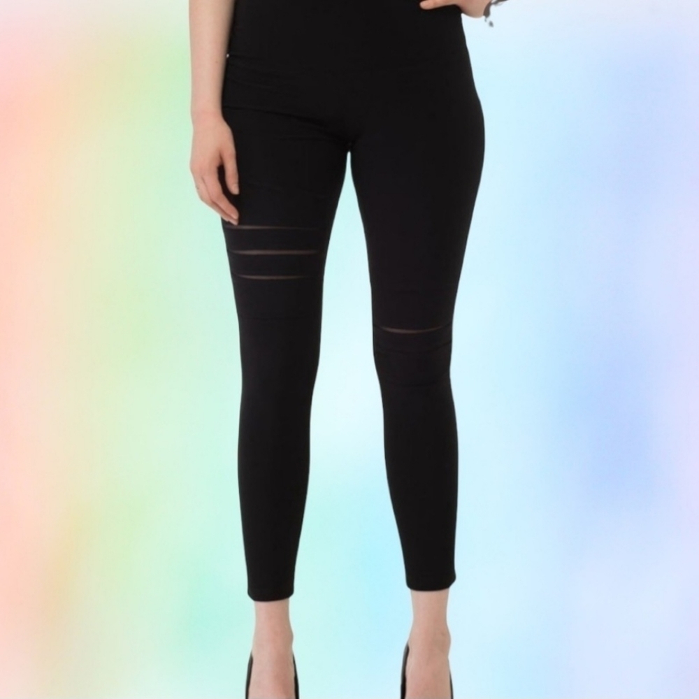 Joseph Ribkoff Size 4 Black Cutout Ripped Layered Mesh Pull On Leggings